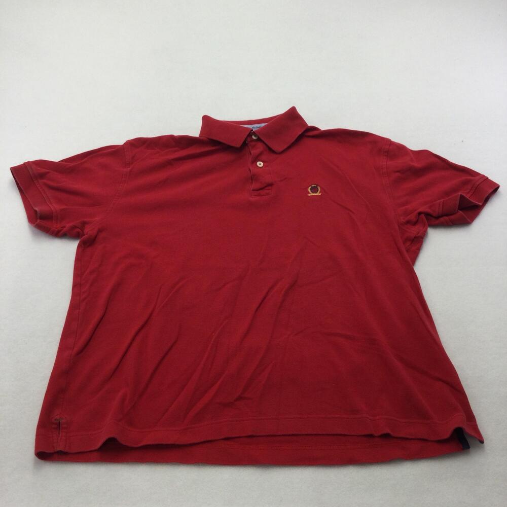 Tommy Hilfiger Polo Shirt Mens Large Red Solid Cotton Short Sleeve Logo Casual